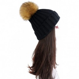 Skullies & Beanies Women Cable Knit Beanie Raccoon Fur Fuzzy Pompom Chunky Winter Stretch Skull Cap Cuff Hat - 09black - C018...