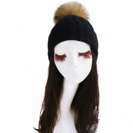 Skullies & Beanies Women Cable Knit Beanie Raccoon Fur Fuzzy Pompom Chunky Winter Stretch Skull Cap Cuff Hat - 09black - C018...