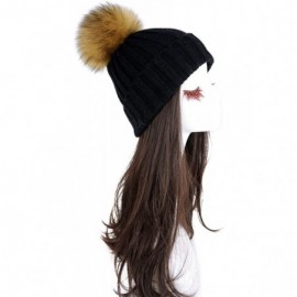 Skullies & Beanies Women Cable Knit Beanie Raccoon Fur Fuzzy Pompom Chunky Winter Stretch Skull Cap Cuff Hat - 09black - C018...