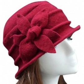 Berets Women 100% Wool Solid Color Round Top Cloche Beret Cap Flower Fedora Hat - 5 Dark Red - CS18HYKRW5S $20.23