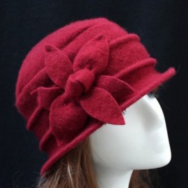 Berets Women 100% Wool Solid Color Round Top Cloche Beret Cap Flower Fedora Hat - 5 Dark Red - CS18HYKRW5S $20.23