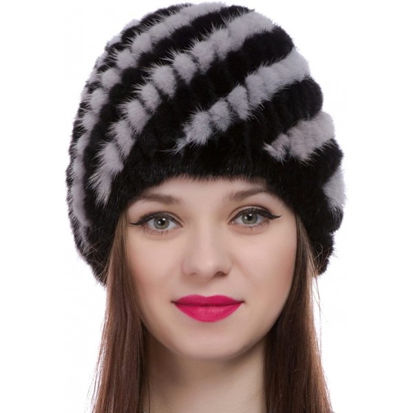 Skullies & Beanies Womens Girls Knitted Real Mink Fur Hat Winter Beanie Warm Cap - Black + Grey - CL12O66TKQ6 $23.15