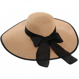 Sun Hats Women Foldable Straw Sun Hat- Ribbon Bowknot Black Wide Brim Hats- Summer Beachwear (Khaki) - C918OW9RTX3 $32.81