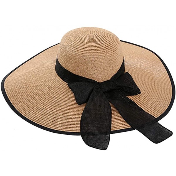 Sun Hats Women Foldable Straw Sun Hat- Ribbon Bowknot Black Wide Brim Hats- Summer Beachwear (Khaki) - C918OW9RTX3 $19.68