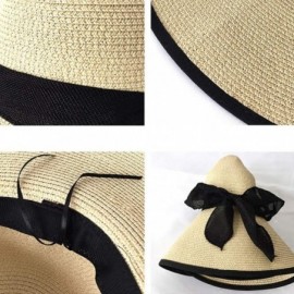 Sun Hats Women Foldable Straw Sun Hat- Ribbon Bowknot Black Wide Brim Hats- Summer Beachwear (Khaki) - C918OW9RTX3 $19.68