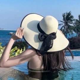 Sun Hats Women Foldable Straw Sun Hat- Ribbon Bowknot Black Wide Brim Hats- Summer Beachwear (Khaki) - C918OW9RTX3 $19.68