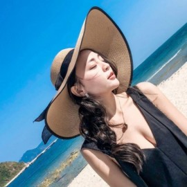 Sun Hats Women Foldable Straw Sun Hat- Ribbon Bowknot Black Wide Brim Hats- Summer Beachwear (Khaki) - C918OW9RTX3 $19.68