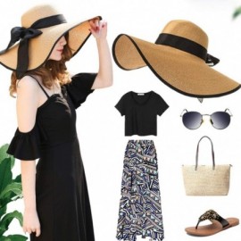 Sun Hats Women Foldable Straw Sun Hat- Ribbon Bowknot Black Wide Brim Hats- Summer Beachwear (Khaki) - C918OW9RTX3 $19.68
