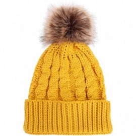 Skullies & Beanies Womens Winter Hand Knit Faux Fur Pompoms Beanie Hat - Single-ginger - C512BYRSFF1 $12.55