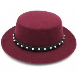 Fedoras Women Ladies Wool Blend Boater Hat Wide Brim Pork Pie Caps Rivets Leather Band - Wine Red - CZ18H30X4G4 $11.47