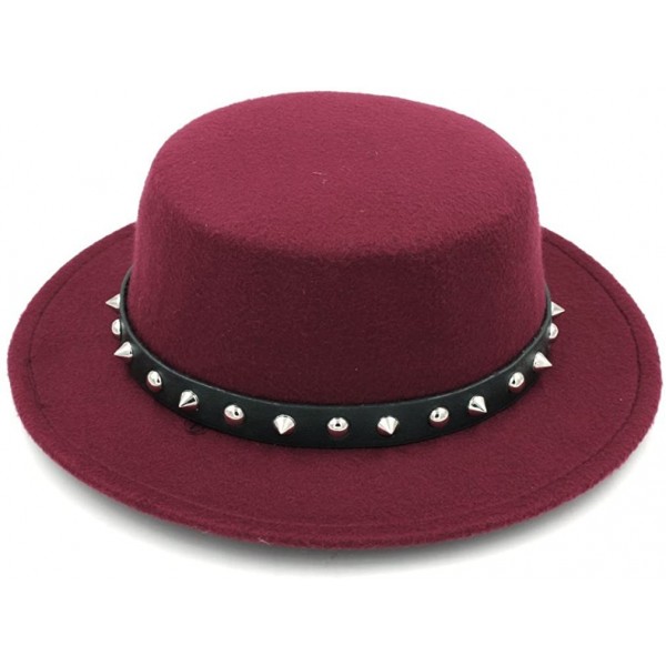 Fedoras Women Ladies Wool Blend Boater Hat Wide Brim Pork Pie Caps Rivets Leather Band - Wine Red - CZ18H30X4G4 $11.47