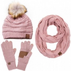Skullies & Beanies 3pc Set Trendy Warm Chunky Soft Stretch Cable Knit Pom Pom Beanie- Scarves and Gloves Set - Indi Pink - C8...