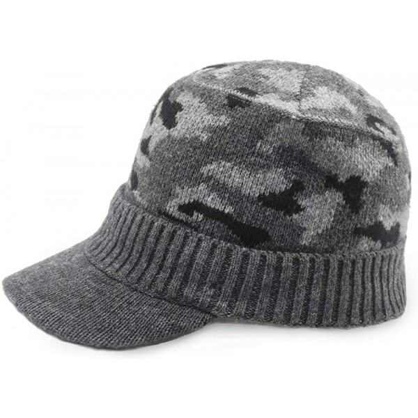 Skullies & Beanies Men's Wool Blend Visor Beanie Cap- Velour Fleece Lined - Camo Gray - CK186OSQSO3 $20.48