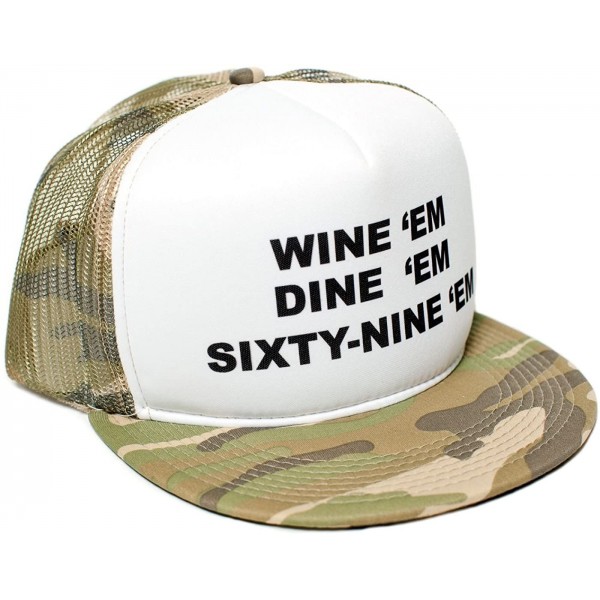 Baseball Caps Wine Em Dine Sixty Nine Em 69 Flat Bill Unisex-Adult One-Size Trucker Hat - Camo/White - C911QOA6RKX $11.64