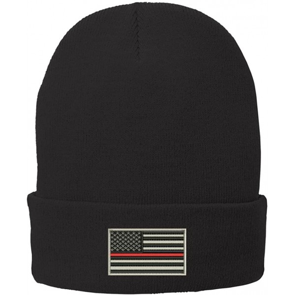Skullies & Beanies US American Flag Thin Red Line Fire FD Embroidered Winter Folded Long Beanie - Black - CC12MZOAXQX $11.47