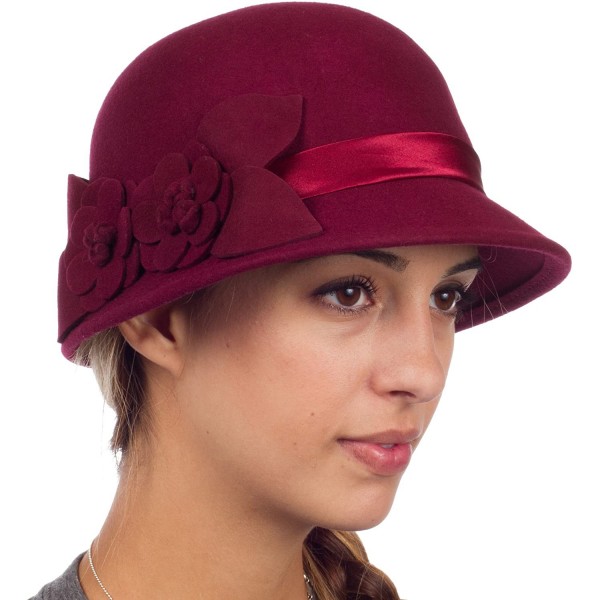 Bucket Hats Vivian Vintage Style 100% Wool Cloche Bell Hat with Flower Accent - Burgandy - CE110ZML7NJ $21.57