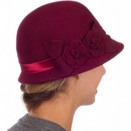Bucket Hats Vivian Vintage Style 100% Wool Cloche Bell Hat with Flower Accent - Burgandy - CE110ZML7NJ $21.57