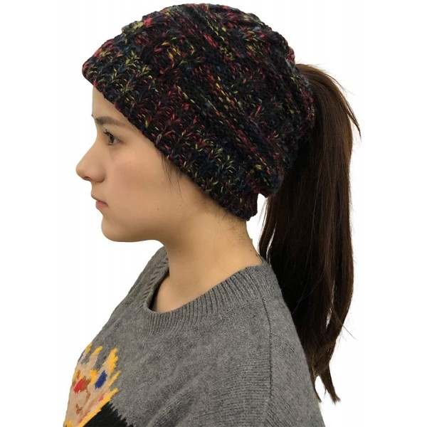 Skullies & Beanies Bun Beaines for Women Soft Stretch Cable Knit Messy High Bun Ponytail Beanie Hat - Color-black - CF18YM5G5...