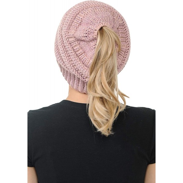 Skullies & Beanies Cable Knit Beanie Messy Bun Ponytail Warm Chunky Hat - Metallic Rose - C818Y5GSN4K $11.34