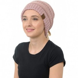 Skullies & Beanies Cable Knit Beanie Messy Bun Ponytail Warm Chunky Hat - Metallic Rose - C818Y5GSN4K $11.34