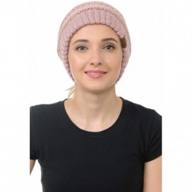 Skullies & Beanies Cable Knit Beanie Messy Bun Ponytail Warm Chunky Hat - Metallic Rose - C818Y5GSN4K $11.34