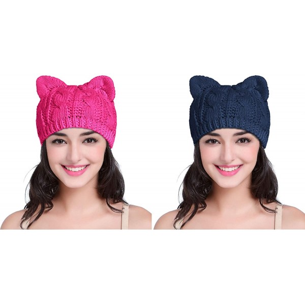 Skullies & Beanies Women Men Girls Boys Teens Cute Cat Ear Knit Cable Rib Hat Cap Beanie - Pack2（rose+navy） - C11924CT2QR $20.82