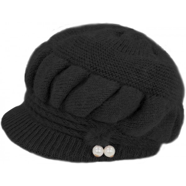 Newsboy Caps Women's Angora Newsboy Cap Hat - Faux Pearl Accent - Dual Layer - Dangle Pearl - Black - C812O2HPM5O $25.15