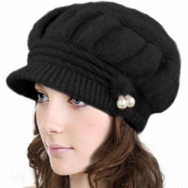 Newsboy Caps Women's Angora Newsboy Cap Hat - Faux Pearl Accent - Dual Layer - Dangle Pearl - Black - C812O2HPM5O $25.15