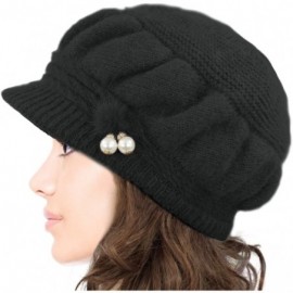 Newsboy Caps Women's Angora Newsboy Cap Hat - Faux Pearl Accent - Dual Layer - Dangle Pearl - Black - C812O2HPM5O $25.15