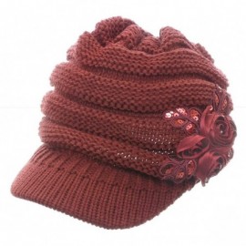 Newsboy Caps Women's Knit Newsboy Hat with Satin Flower - Burgundy - CE11QWRJ0WL $14.26