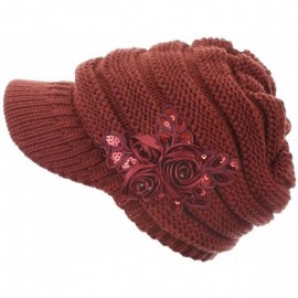 Newsboy Caps Women's Knit Newsboy Hat with Satin Flower - Burgundy - CE11QWRJ0WL $14.26