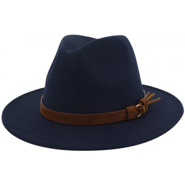 Fedoras Wide Brim Vintage Jazz Hat Women Men Belt Buckle Fedora Hat Autumn Winter Casual Elegant Straw Dress Hat - Navy B - C...