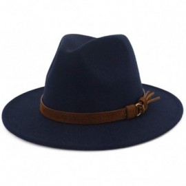 Fedoras Wide Brim Vintage Jazz Hat Women Men Belt Buckle Fedora Hat Autumn Winter Casual Elegant Straw Dress Hat - Navy B - C...
