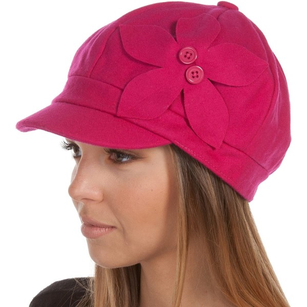 Newsboy Caps Sasha Wool Newsboy Cabbie Hat with Button Flower - Fuchsia - CB117VXAQMR $13.78