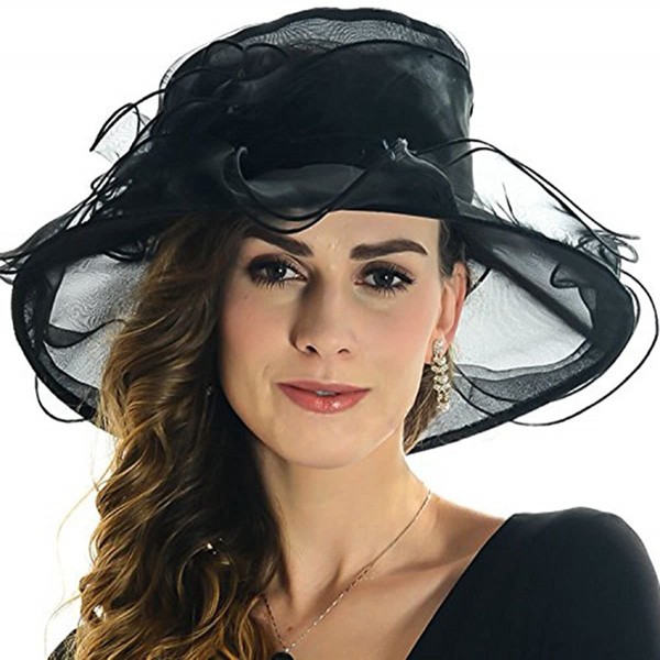 Sun Hats Womens Kentucky Derby Summer Wide Brim Organza Church Party Hats - Black - CF18CTHZMWM $12.76