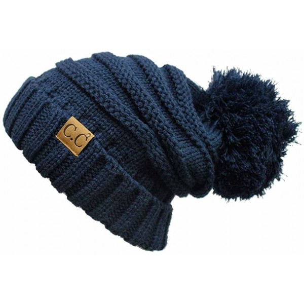 Skullies & Beanies Warm Chunky Soft Oversized Cable Knit Slouchy Beanie with Pom Pom - Navy - CG12KBZOBQJ $14.76