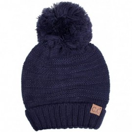 Skullies & Beanies Warm Chunky Soft Oversized Cable Knit Slouchy Beanie with Pom Pom - Navy - CG12KBZOBQJ $14.76