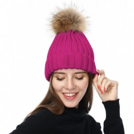 Skullies & Beanies Womens Girls Winter Knitted Beanie Hat Real Large Raccoon Fur Pom Pom Bobble Hats - Rose Red - CK182L76LA4...