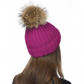Skullies & Beanies Womens Girls Winter Knitted Beanie Hat Real Large Raccoon Fur Pom Pom Bobble Hats - Rose Red - CK182L76LA4...