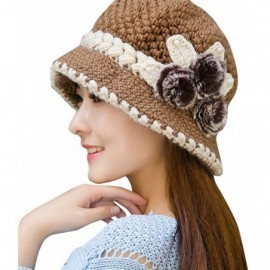 Bomber Hats Women Color Winter Hat Crochet Knitted Flowers Decorated Ears Cap with Visor - Khaki - CM18LH2IODL $17.90