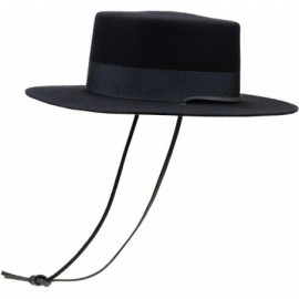 Fedoras Fedora for Women Wool Felt Black Boater Hat Flat Top Wide Brim with Detachable Leather Chin Strap - CR18WYHNWSK $31.85