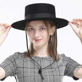 Fedoras Fedora for Women Wool Felt Black Boater Hat Flat Top Wide Brim with Detachable Leather Chin Strap - CR18WYHNWSK $31.85