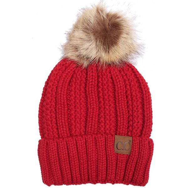 Skullies & Beanies Exclusive Knitted Hat with Fuzzy Lining with Pom Pom - Red - C712K7GMCGN $13.01