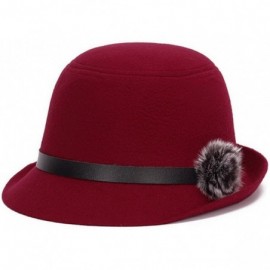 Bucket Hats Women Wool Felt Church Cloche Cap Bucket Top Hat Bowler Hats with Pompom Band - Wine Red - CD1805YDM29 $7.49