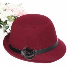Bucket Hats Women Wool Felt Church Cloche Cap Bucket Top Hat Bowler Hats with Pompom Band - Wine Red - CD1805YDM29 $7.49