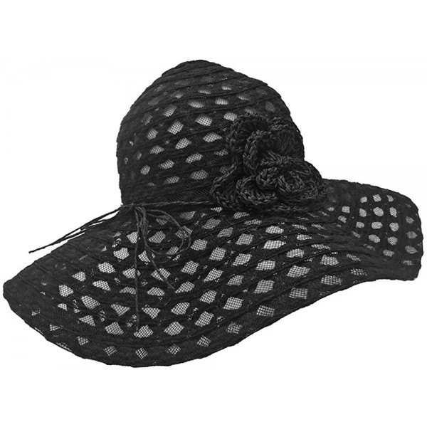 Sun Hats Wide Brim Sewn Flower Floppy Sun Hat- Bow - Black - CV17XWMOC6O $12.94