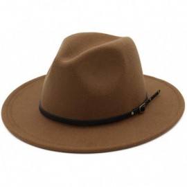 Fedoras Women's Classic Wide Brim Fedora Hat with Belt Buckle Felt Panama Hat - Khaki - C318KC46AGY $10.92