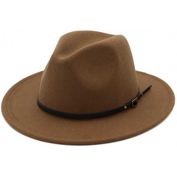 Fedoras Women's Classic Wide Brim Fedora Hat with Belt Buckle Felt Panama Hat - Khaki - C318KC46AGY $10.92