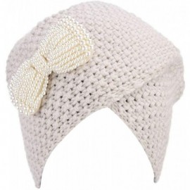 Skullies & Beanies Women Ladies Winter Knitting Hat Turban Brim Hat Wrap Pile Cap with Bow-Knot - Beige - CM18I8OHM6T $8.88