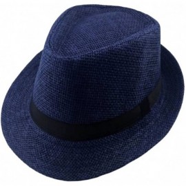 Fedoras Men Women Straw Trilby Hat Fedora Short Upturn Brim FFH391BE1 - Ffh391 Blue (Stripe Decoration) - C3187HUHQOL $26.75